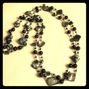 Long Black Onyx and Abalone Shell Necklace